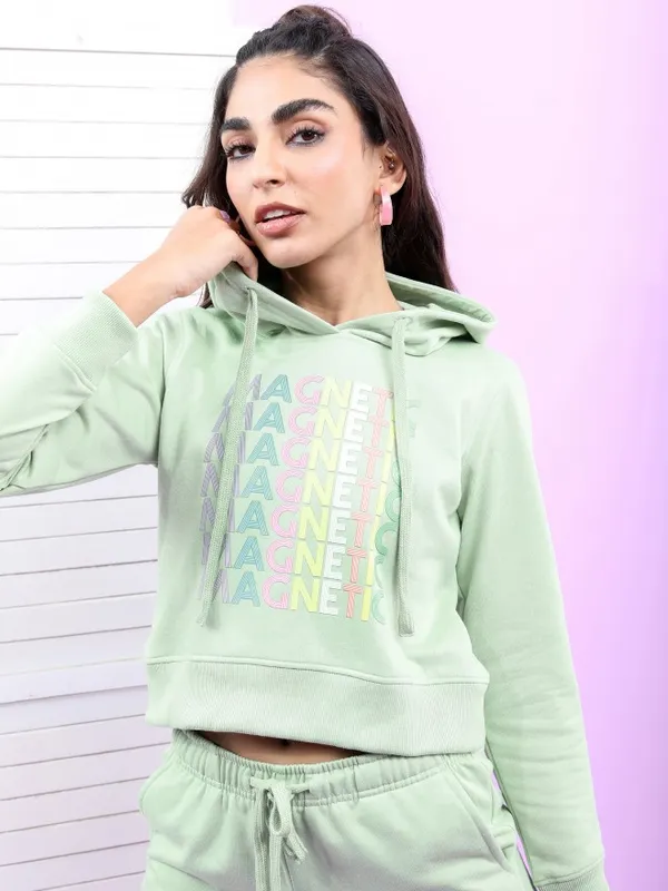  Tokyo Talkies Women Sage Printed Pullover Hood Sweatshirts