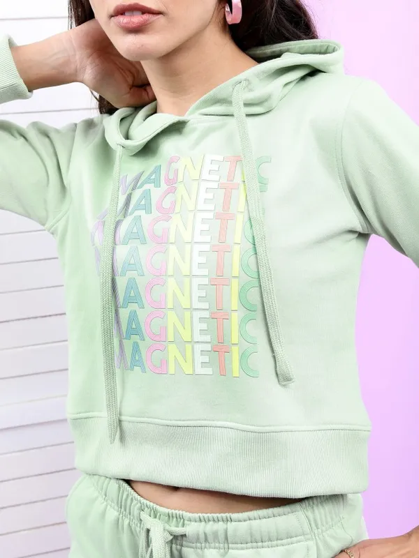  Tokyo Talkies Women Sage Printed Pullover Hood Sweatshirts