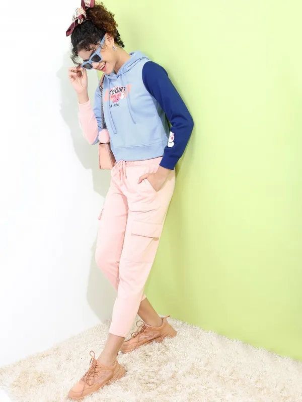  Tokyo Talkies Women Blue Printed Pullover Hood Sweatshirts