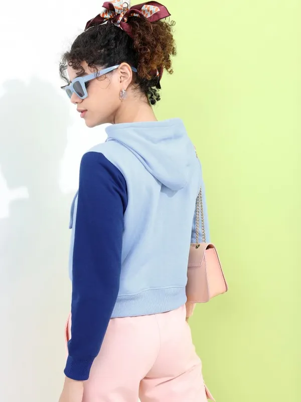 Tokyo Talkies Women Blue Printed Pullover Hood Sweatshirts