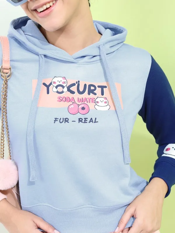  Tokyo Talkies Women Blue Printed Pullover Hood Sweatshirts