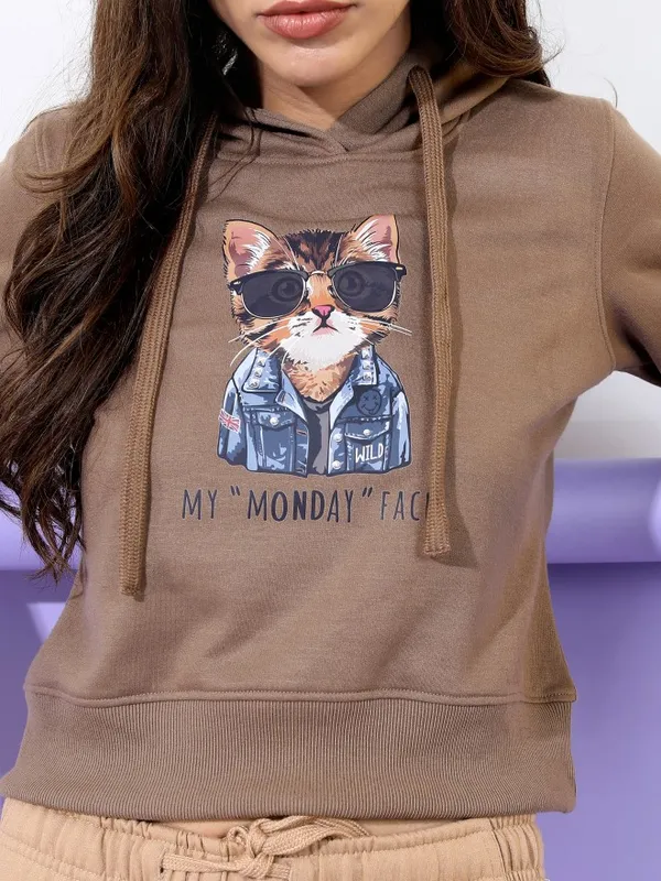  Tokyo Talkies Women Brown Printed Pullover Hood Sweatshirts