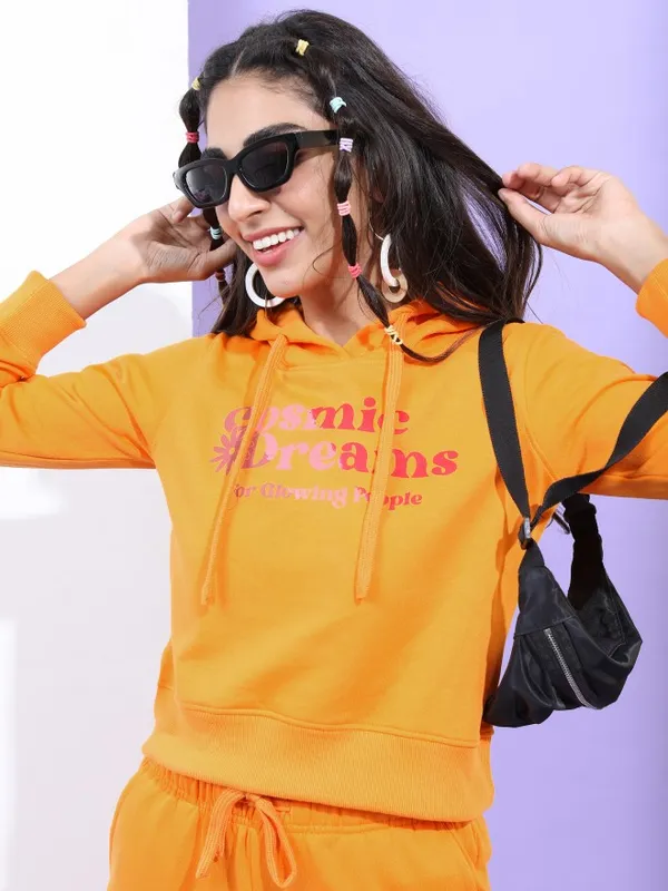  Tokyo Talkies Women Orange Printed Pullover Hood Sweatshirts
