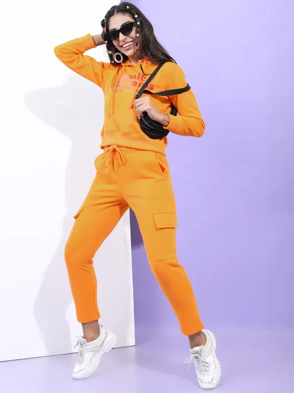  Tokyo Talkies Women Orange Printed Pullover Hood Sweatshirts