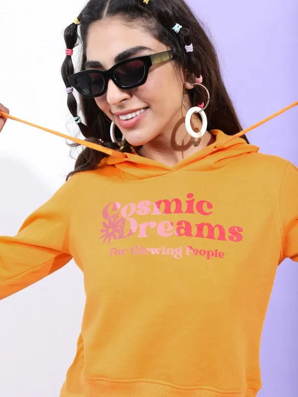  Tokyo Talkies Women Orange Printed Pullover Hood Sweatshirts