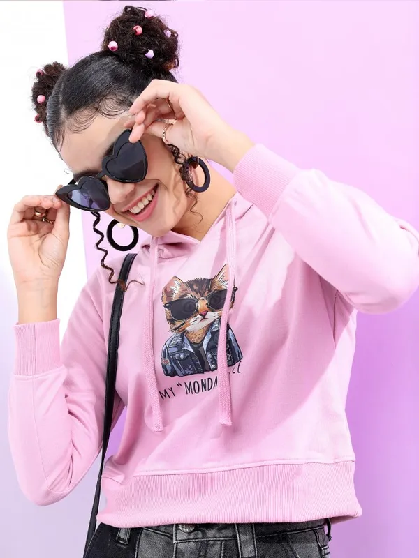  Tokyo Talkies Women Lavender Printed Pullover Hood Sweatshirts