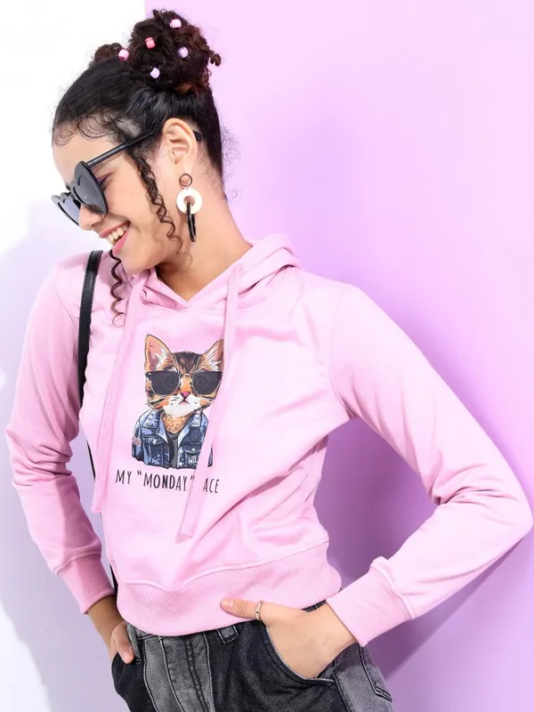  Tokyo Talkies Women Lavender Printed Pullover Hood Sweatshirts