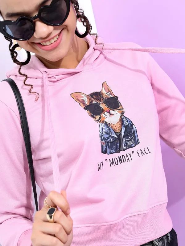  Tokyo Talkies Women Lavender Printed Pullover Hood Sweatshirts