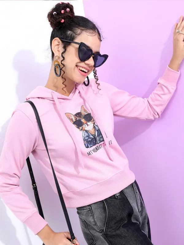  Tokyo Talkies Women Lavender Printed Pullover Hood Sweatshirts