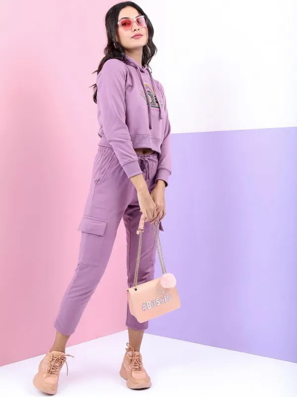  Tokyo Talkies Women Mauve Solid Pullover Hood Sweatshirts