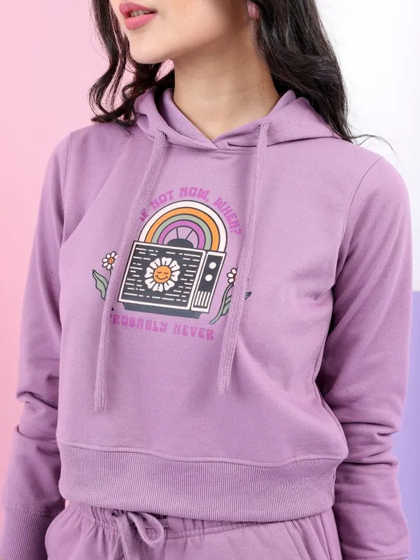  Tokyo Talkies Women Mauve Solid Pullover Hood Sweatshirts