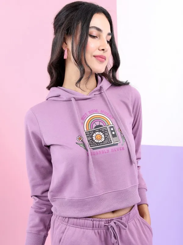  Tokyo Talkies Women Mauve Solid Pullover Hood Sweatshirts