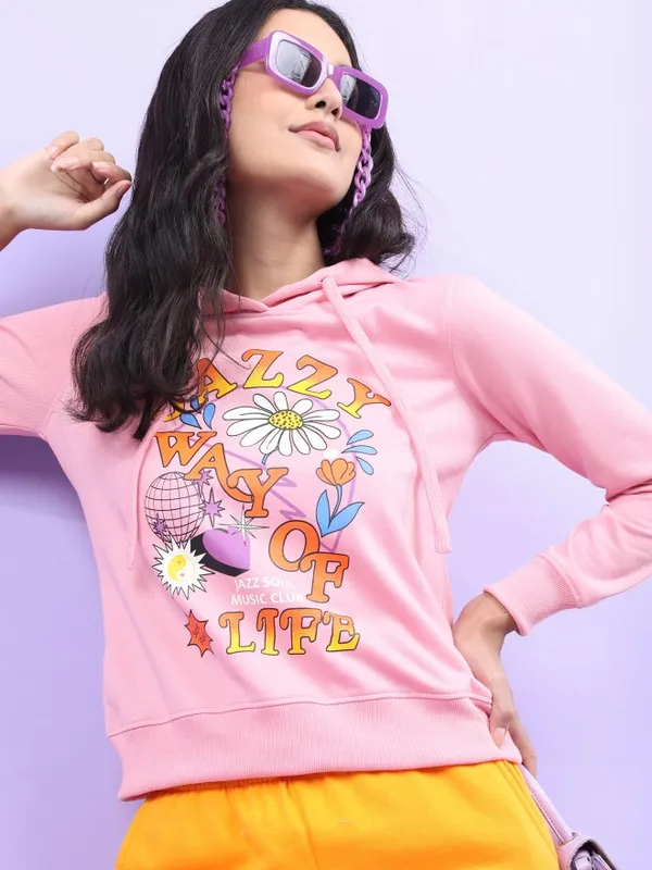  Tokyo Talkies Women Pink Printed Pullover Hood Sweatshirts