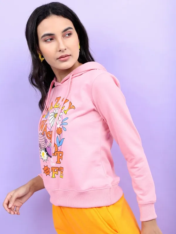  Tokyo Talkies Women Pink Printed Pullover Hood Sweatshirts