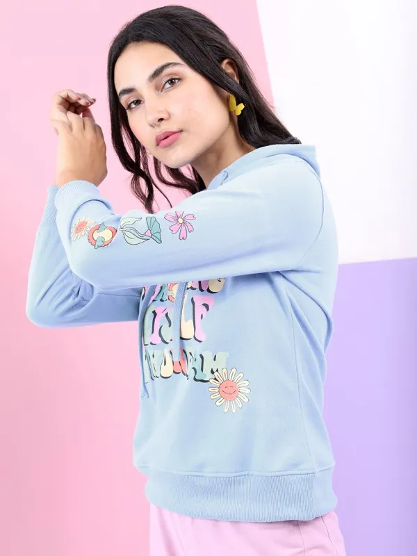  Tokyo Talkies Women Blue Printed Pullover Hood Sweatshirts