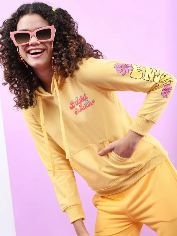  Tokyo Talkies Women Yellow Printed Pullover Hood Sweatshirts