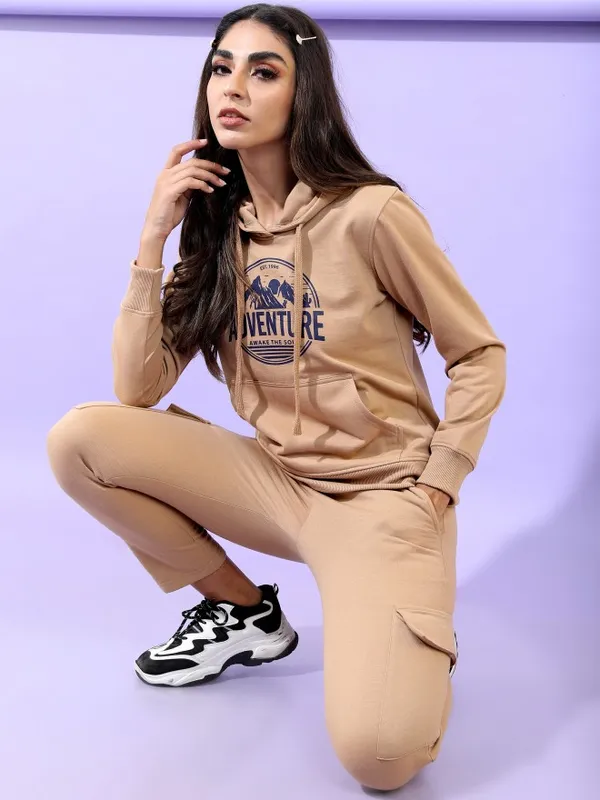  Tokyo Talkies Women Beige Printed Pullover Hood Sweatshirts