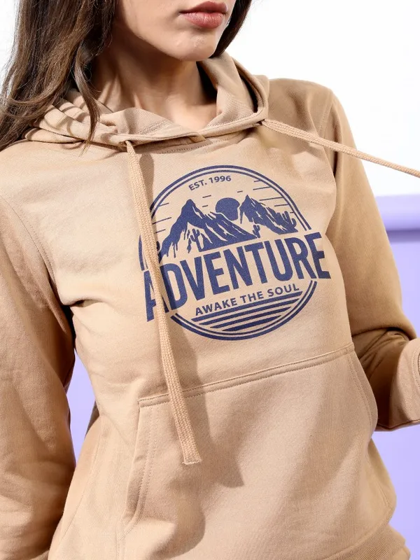  Tokyo Talkies Women Beige Printed Pullover Hood Sweatshirts