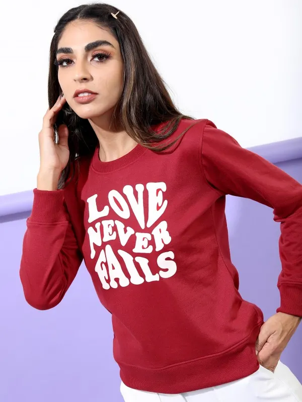  Tokyo Talkies Women Maroon Printed Pullover Round Neck Sweatshirts