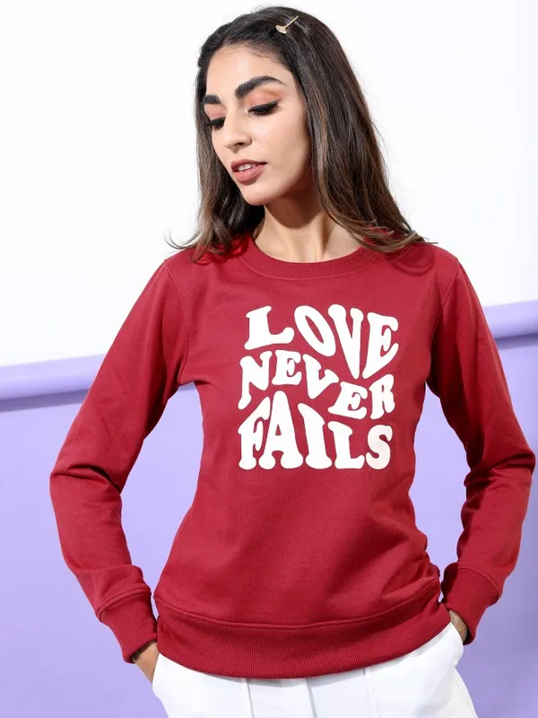  Tokyo Talkies Women Maroon Printed Pullover Round Neck Sweatshirts