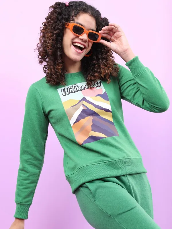  Tokyo Talkies Women Green Printed Pullover Round Neck Sweatshirts