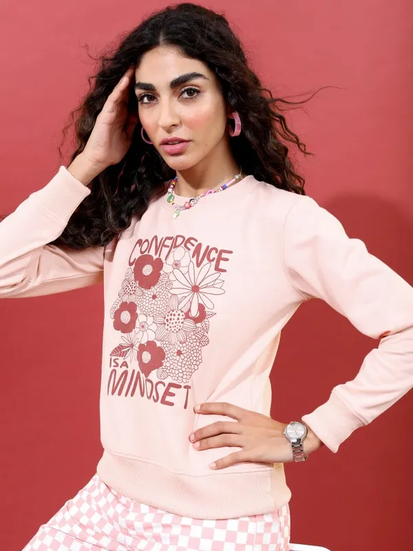  Tokyo Talkies Women Pink Printed Pullover Round Neck Sweatshirts