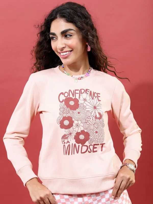  Tokyo Talkies Women Pink Printed Pullover Round Neck Sweatshirts