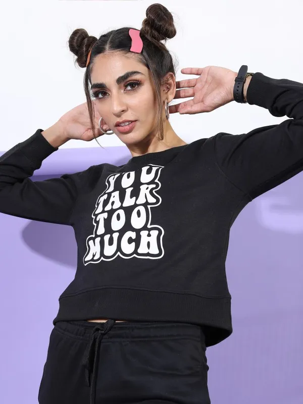  Tokyo Talkies Women Black Printed Pullover Round Neck Sweatshirts