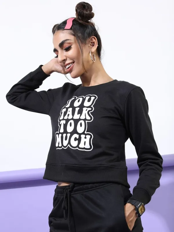  Tokyo Talkies Women Black Printed Pullover Round Neck Sweatshirts