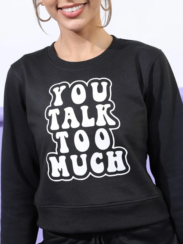  Tokyo Talkies Women Black Printed Pullover Round Neck Sweatshirts