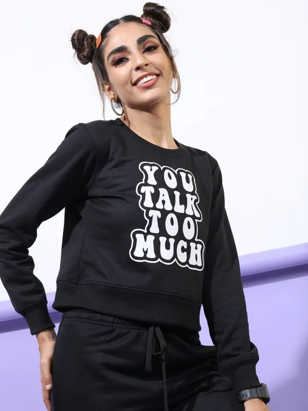  Tokyo Talkies Women Black Printed Pullover Round Neck Sweatshirts