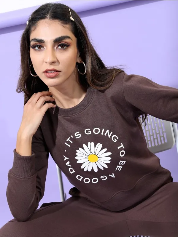  Tokyo Talkies Women Brown Printed Pullover Round Neck Sweatshirts
