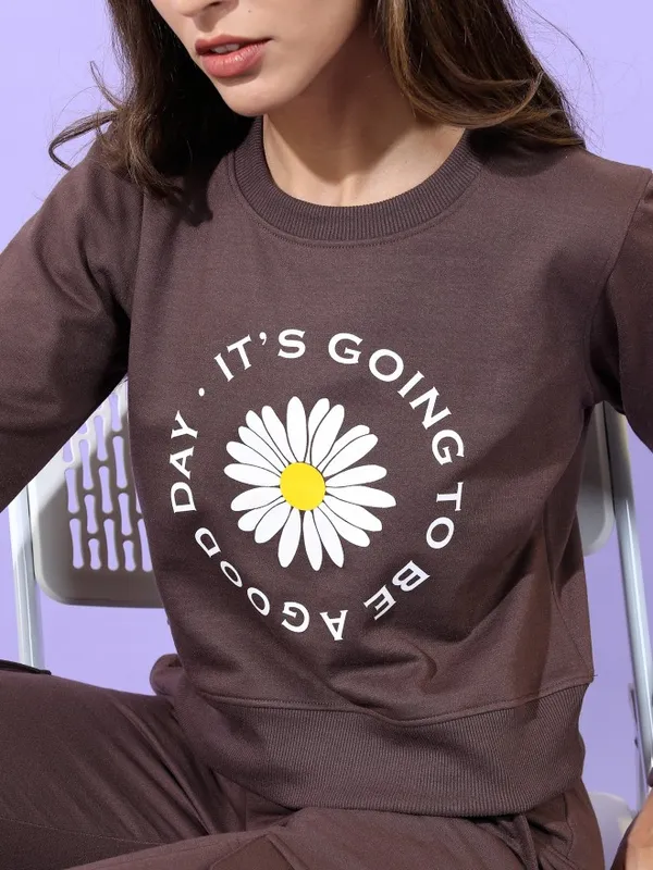  Tokyo Talkies Women Brown Printed Pullover Round Neck Sweatshirts