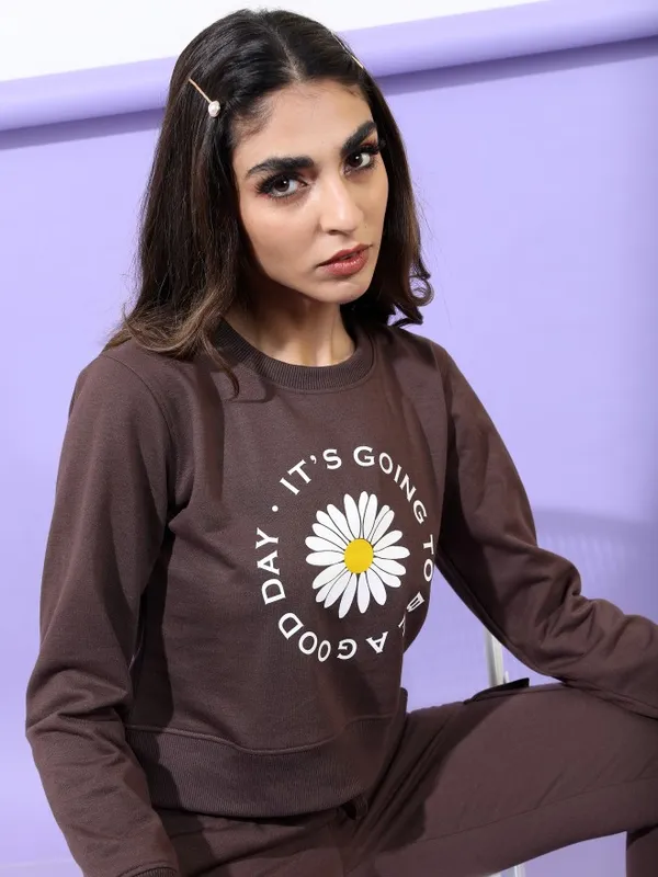  Tokyo Talkies Women Brown Printed Pullover Round Neck Sweatshirts
