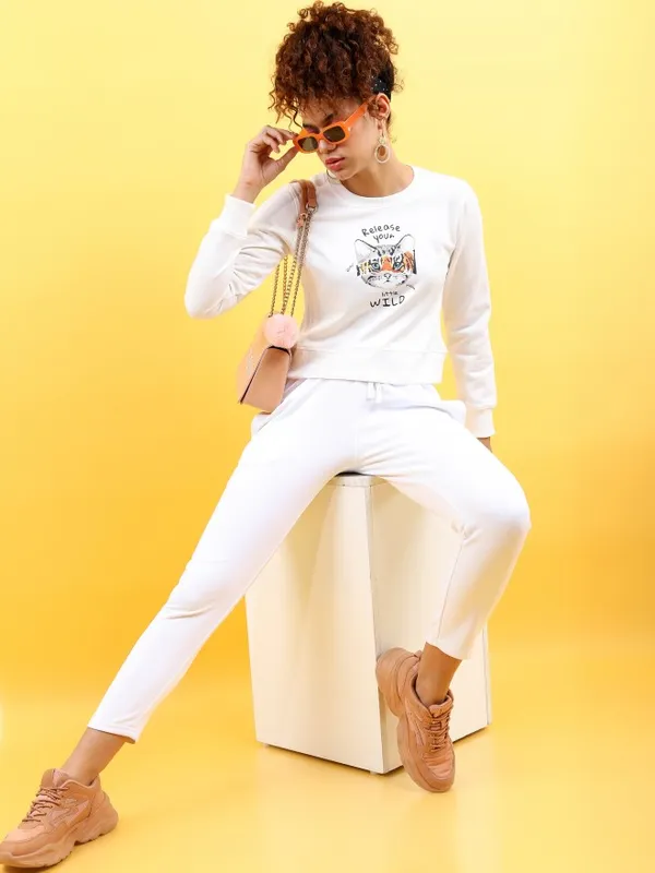  Tokyo Talkies Women White Printed Pullover Round Neck Sweatshirts