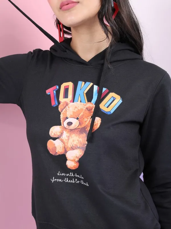  Tokyo Talkies Women Black Printed Pullover Hood Sweatshirts