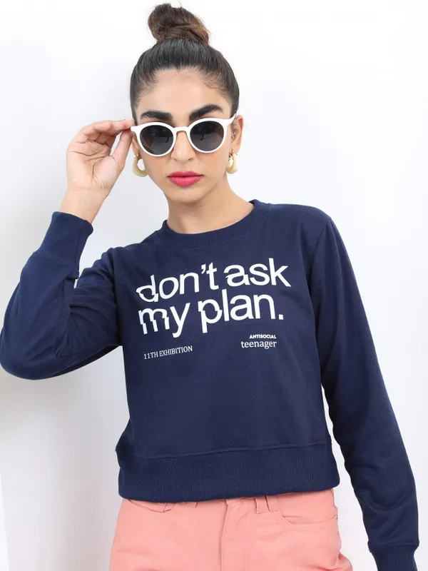  Ketch Women Navy Blue Printed Pullover Round Neck Sweatshirts