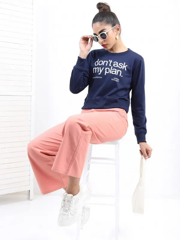  Ketch Women Navy Blue Printed Pullover Round Neck Sweatshirts