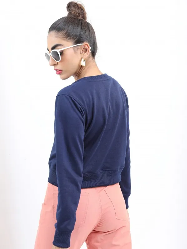  Ketch Women Navy Blue Printed Pullover Round Neck Sweatshirts