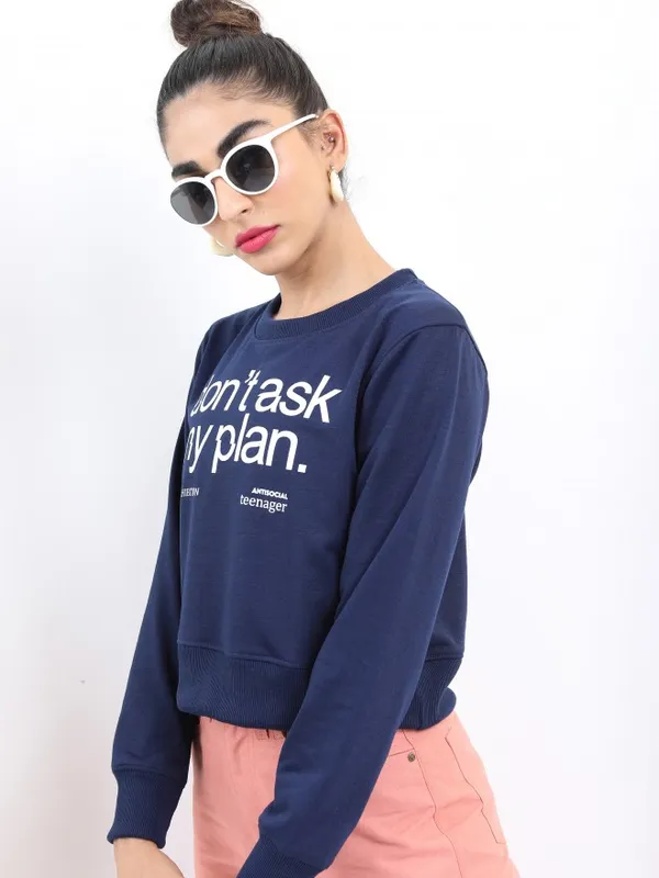  Ketch Women Navy Blue Printed Pullover Round Neck Sweatshirts