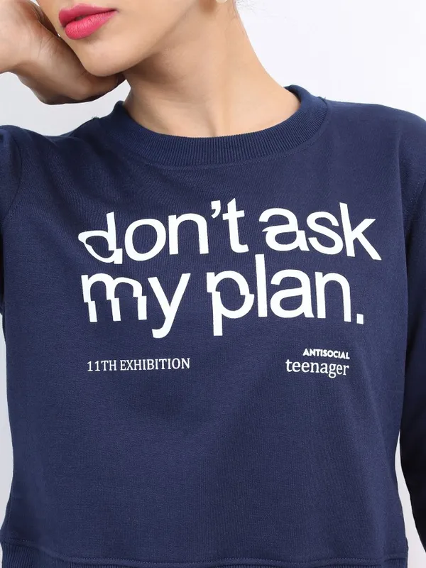  Ketch Women Navy Blue Printed Pullover Round Neck Sweatshirts