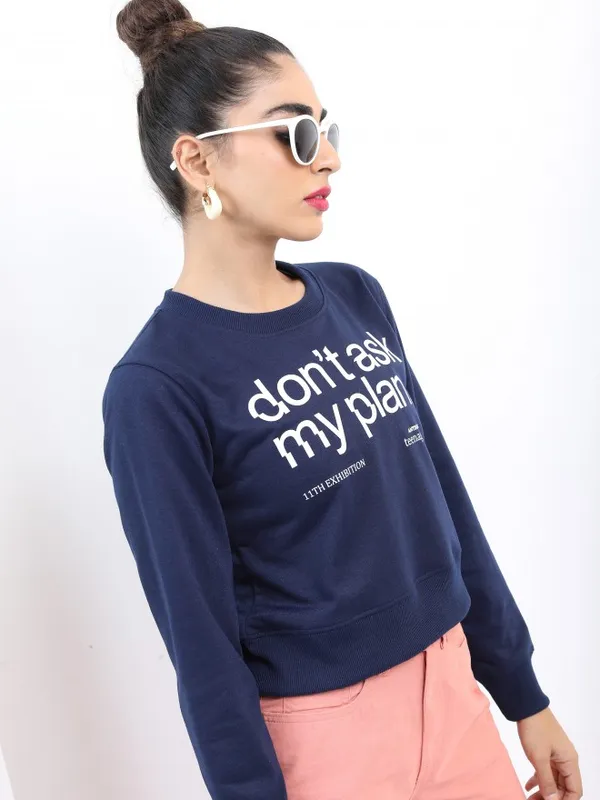  Ketch Women Navy Blue Printed Pullover Round Neck Sweatshirts