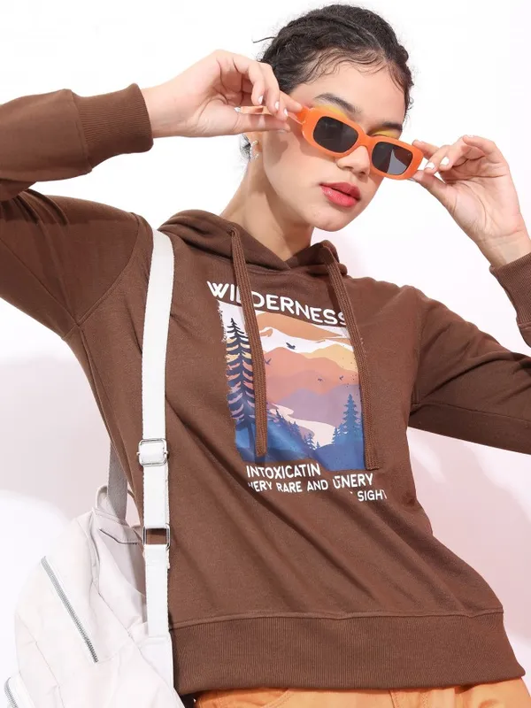  Ketch Women Brown Printed Pullover Hood Sweatshirts