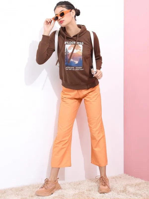  Ketch Women Brown Printed Pullover Hood Sweatshirts