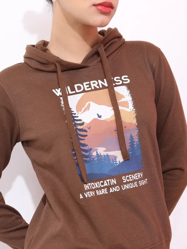  Ketch Women Brown Printed Pullover Hood Sweatshirts