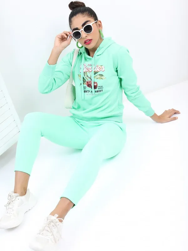  Ketch Women Green Printed Pullover Hood Sweatshirts