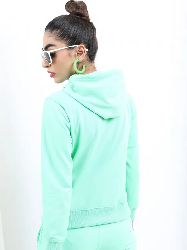  Ketch Women Green Printed Pullover Hood Sweatshirts
