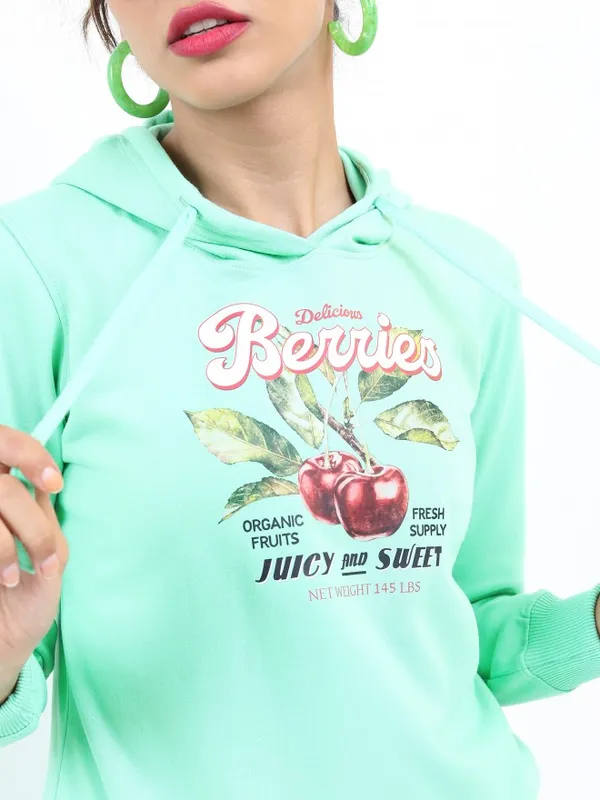  Ketch Women Green Printed Pullover Hood Sweatshirts