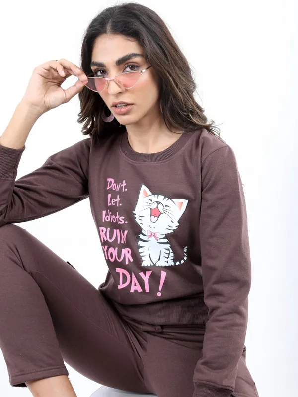  Ketch Women Brown Printed Pullover Round Neck Sweatshirts