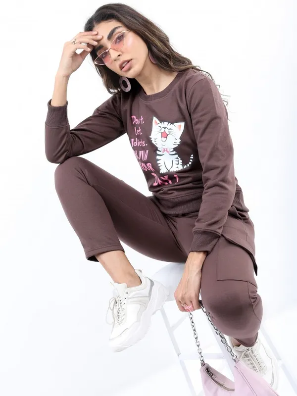  Ketch Women Brown Printed Pullover Round Neck Sweatshirts
